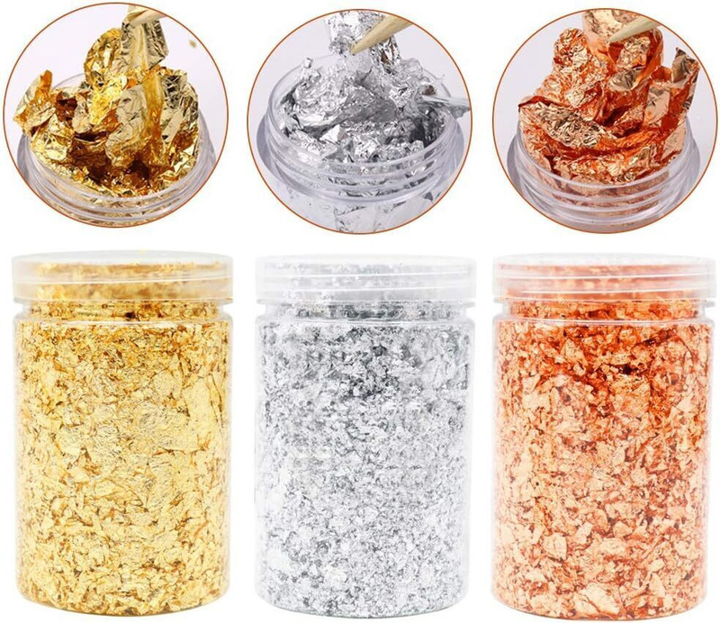 ask vark wala [45g] 3 Bottle Gold Flakes 1Gold, 1Silver, 1Copper Flakes for Resin with tweezer(Gold,Silver,Copper)