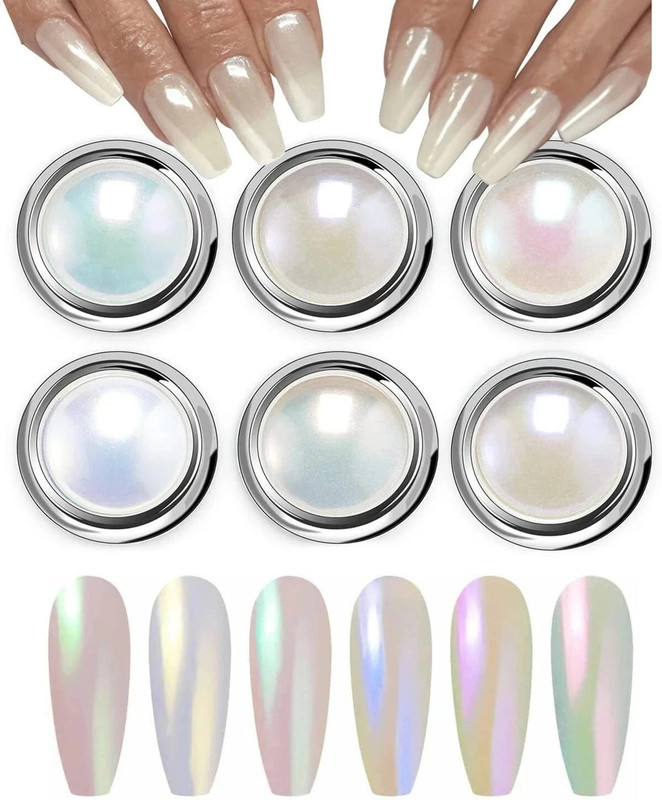 NAILWIND 6 Colors Chrome Nail Powder Set, Reflective Glitter Metallic Mirror Effect for(White Pearl Powder Nails Art Design 3D Holographic Silver Rose Gold Pigment)