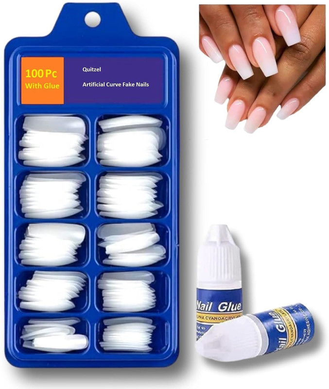 Quitzel Artificial curve acrylic fake nails with glue (100 Pc)(White)