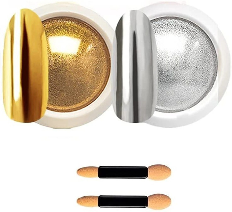 My Colors 2 Pcs Gold Silver Chrome Nail Powder,Nail Art Mirror Glitter Effect Highly Pig(mented Dust Metallic Holographic Mirror Makeup Powders with Sponge Applicators)