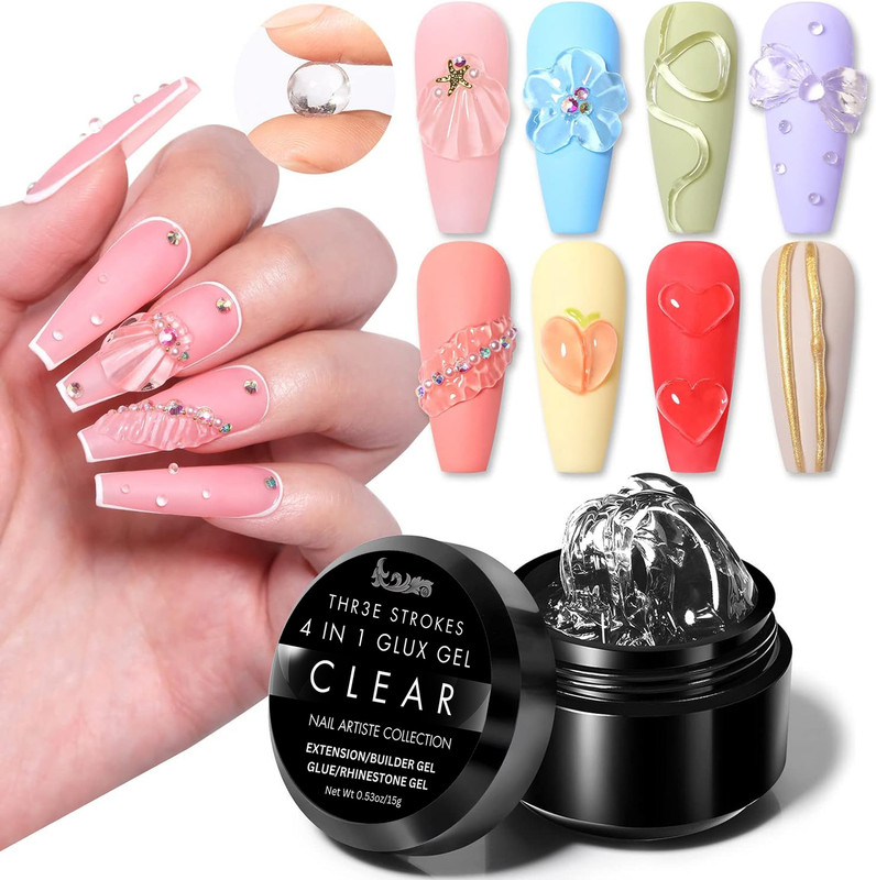 THR3E STROKES Solid Builder Nail Gel 4 in 1 Nail Extension Gel Nail Glue 3D Nail Sculpture Gel(Clear)