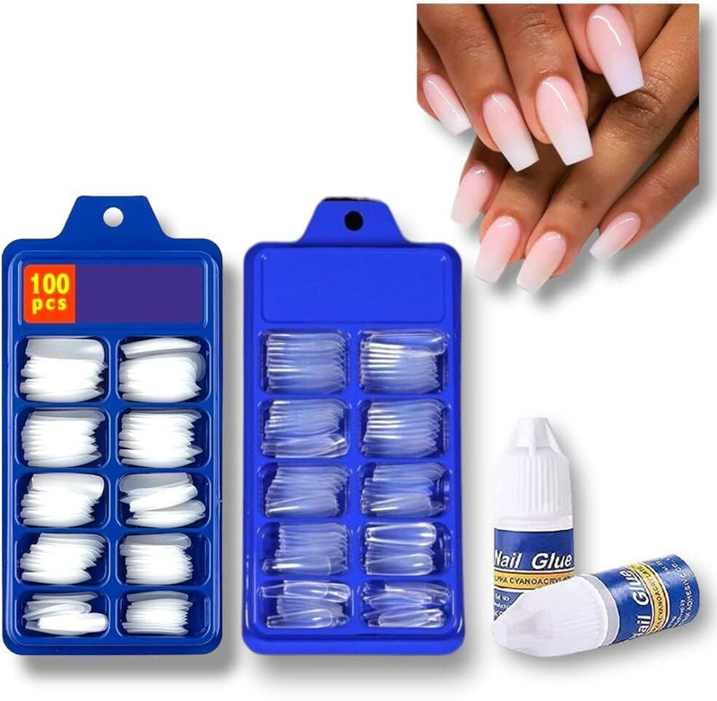 Lusty soul NEW 200-Piece Artificial Nails 100 White & 100 Transparent with 2 Glue White, Transparent(Pack of 200)