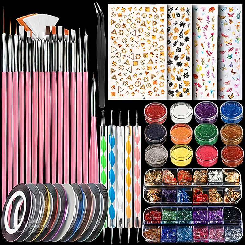 Coscelia Nail Art Kit with Nail Glitter & Sticker, 15 Pcs Nail Art Brushes with Nail Gems(Multicolor)