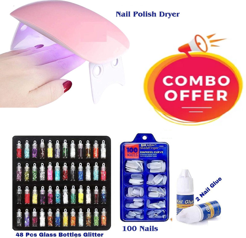 LOVHIDE Nail Polish Extension +48pc Glitter Bottle + 100 Artificial Nails + 2 glue(Multicolor)