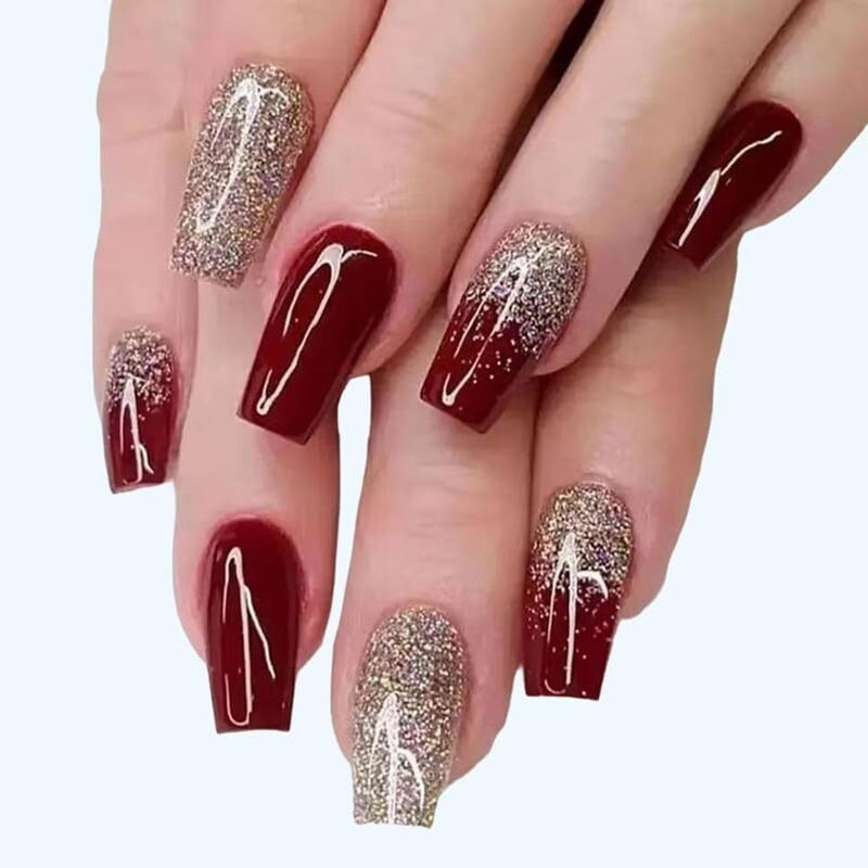 TREXEE 24 Artificial Reusable Nails in Half Red Half Golden Design With Glue(Red & Golden)