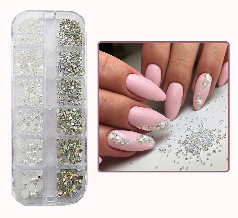 S.A.V.I 12 Grids White Flat Pearls,AB Glass Flat Crystals, Rhinestones Stones(AB Glass Flat Crystals Rhinestones)