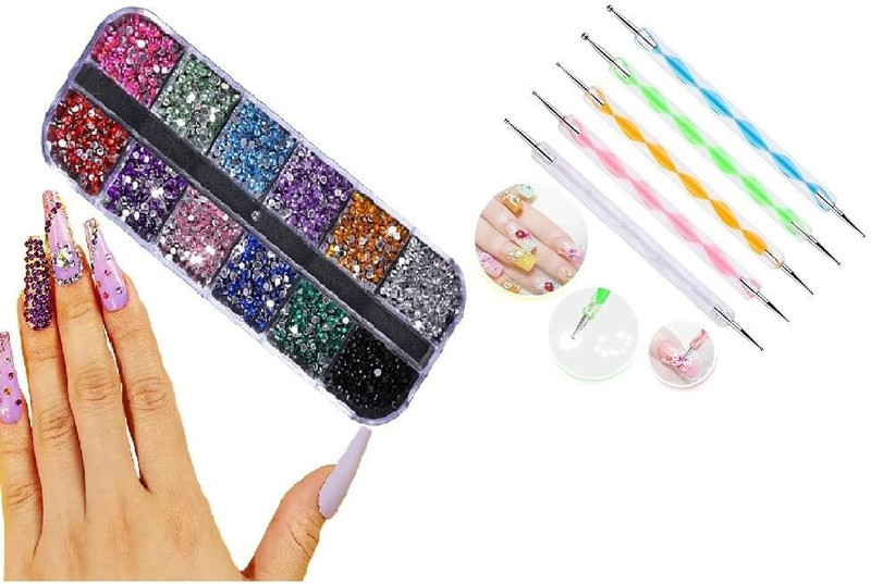 Miss Hot 5 Nail Dotting Pen, Nail Rhinestones 12 Grids Nail Art Rhinestones(Multicolor)