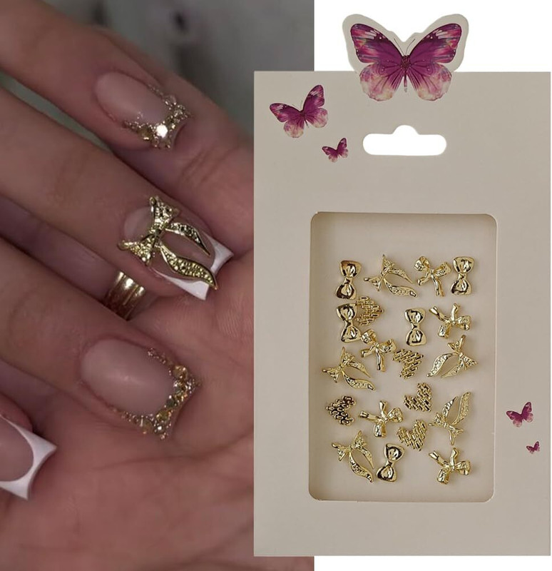 S.A.V.I 3D Gold Bow Nail Art Charms – 20 Pcs Stylish Alloy Nail Decorations for Women &(Gold)