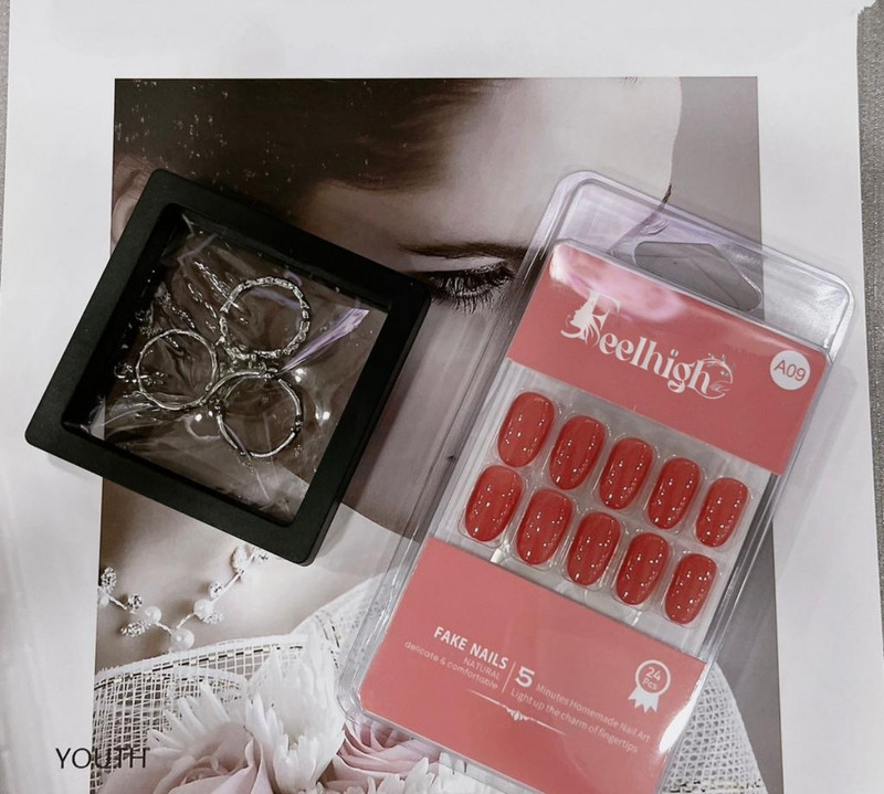 feelhigh Stick On Nails 24 Reusable Artificial Fake Nail Set Long Lasting, Quick Fix(A09)