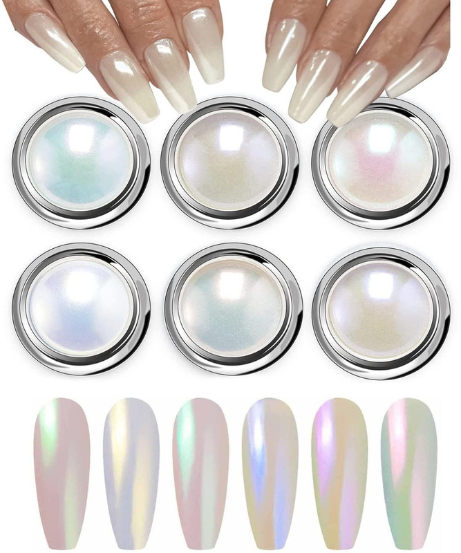 RUBY FACE 6Pcs White Pearl Chrome Nail Powder Set,Metallic Nail Powder Mirror Effect White(PEARL WHITE)