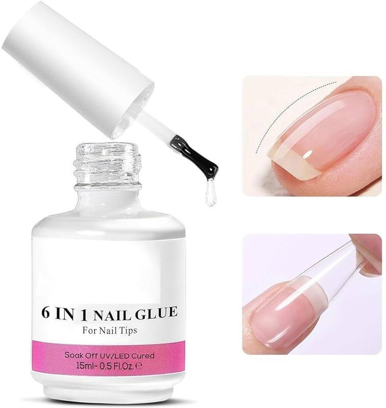 KHEJDO Gel Nail Glue, 6 in 1 UV Gel Glue for Nail Tips Need UV Light, Strong Adhesive(for Press on Nails Acrylic Tips for Nail Art Design 15ml)
