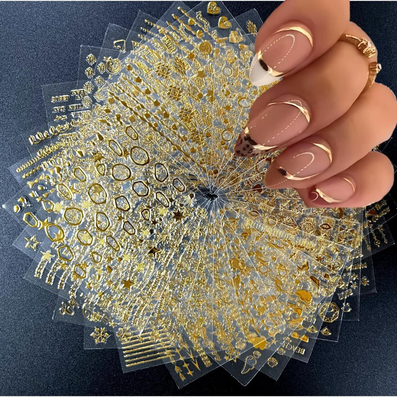 THR3E STROKES 30 Sheets Gold Nail Art Stickers | 3D Self-Adhesive Gold Lines, Stars & Diamonds(Nail Stickers for Acrylic Nails Gold Leaf Diamond Nail Supplies for Women)