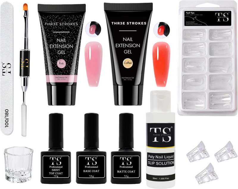 THR3E STROKES Acrylic Poly Nail Gel Nail Extension Set with Top Coat Base Coat & Slip Solution(Multicolor)