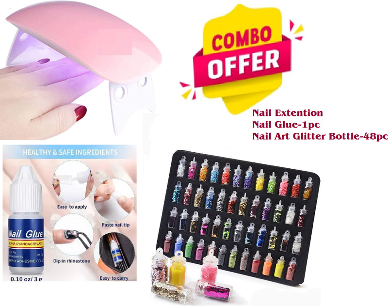 LOVHIDE Proffessional Nail Extention With 48pc Glitter Bottle and 1pc glue For nail Art(Multicolor)