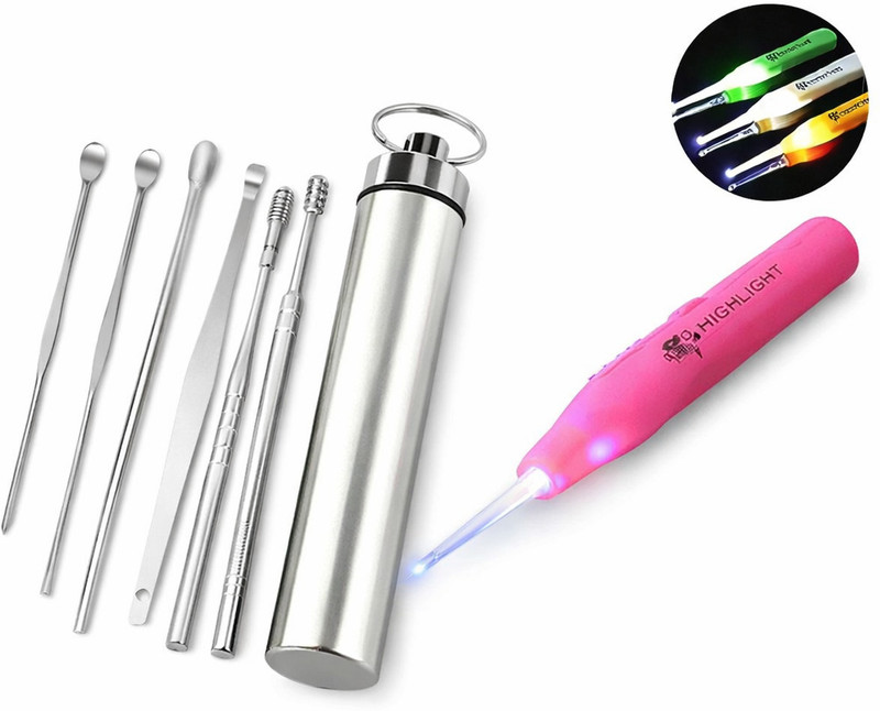 RERAT LED Flashlight Earpick with 6pcs Stainless Steel Ear Cleaner Tool Kit Combo
