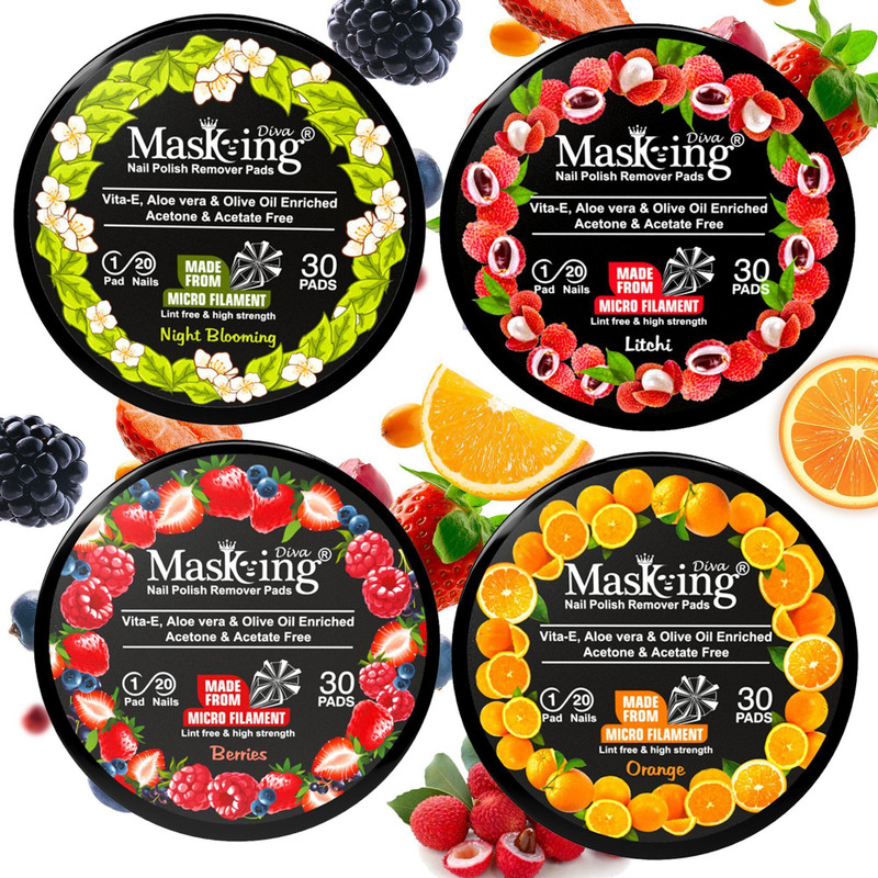 MasKing Nail Polish Remover Wipe Tissue Wet Round Pads (Night Blooming, Litchi, Orange and Berries ) Combo Pack of 04(20 ml)