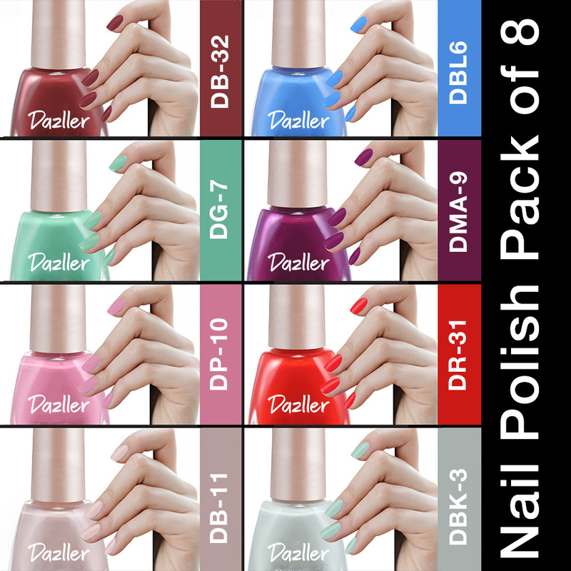 Dazller Nail Polish, Chip Resistance, Acetone-Free Formula, Rich Pigmentation,Quick-Dry, Pro Nails - (Pack of 8) Multicolor(Pack of 8)