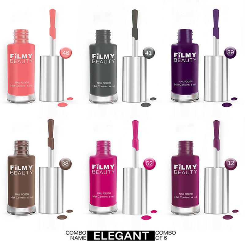 Filmy Beauty Set of 6 Nail Polish – Elegant Coral Pink, Charcoal Grey, Deep Purple, Cocoa Brown, Magenta, Wine(Pack of 6)
