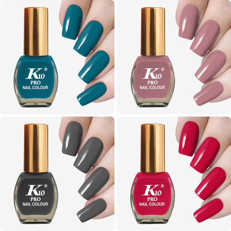 K10 High Shine Long Lasting Non Toxic Professional Nail Polish Combo Teal, Dusty Pink, Grey, Rose Pink(Pack of 4)