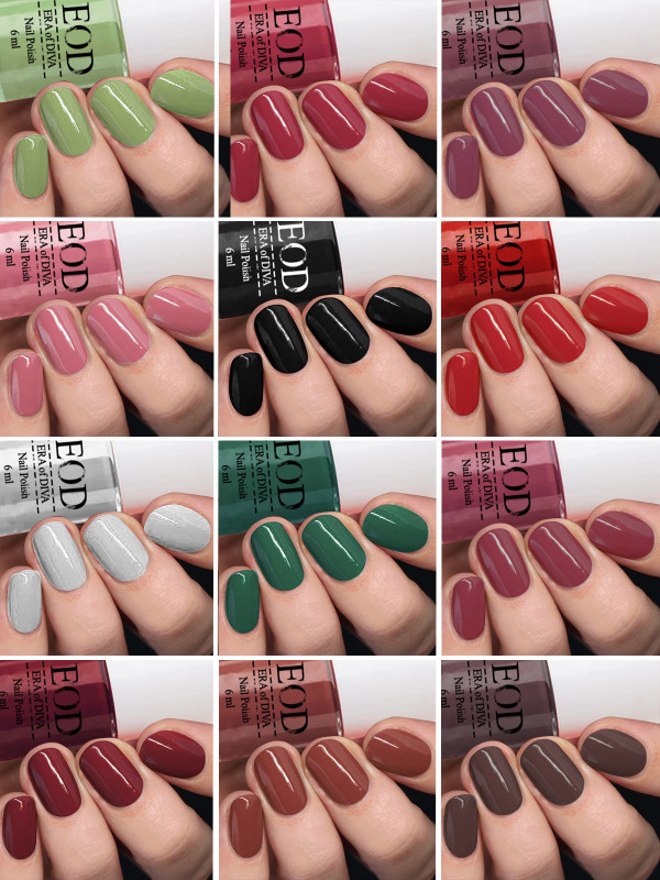 EOD 6ml each Glossy High Shine Premium Quality Long Lasting Nail Polish Paint Set of 12 Bottles Tomato Red::Black::Extra Shine Top Coat::Baby Pink::Old Brick::Pink Peach::Nude::Dark Nude::Nude::Olive Green::Light Sky Blue::Peach(Pack of 12)
