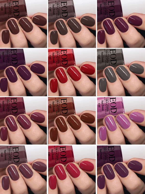 EOD Brilliant Shine Glossy Modern Nail Polish Paint Set Combo 6ml each of 12 Bottles Long Lasting Red, Brown, Nude, Light Grey, Light Purple, Pink, Wine, Plum etc(Pack of 12)
