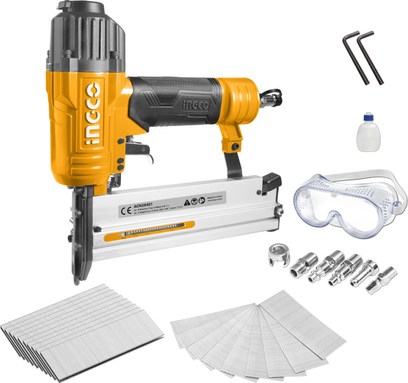 INGCO 2 IN 1 combo Air brad nailer Ga18 | 100pcs Capticaty | 4 Type Connector | 0.4-0.7Mpa with 1000pcs Brad Nails Pneumatic Nailer(18 gauge)