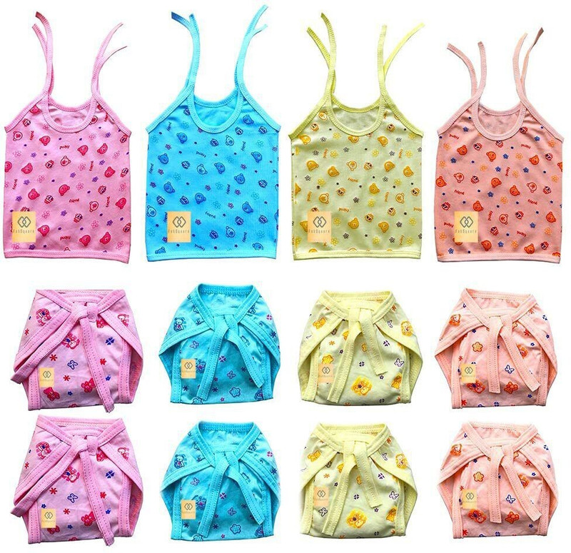 Qloth Baby jhabla 4Pcs+Nappy 8Pcs,Hosiery Soft Cloth Material, 0-6 Months (Multicolor)