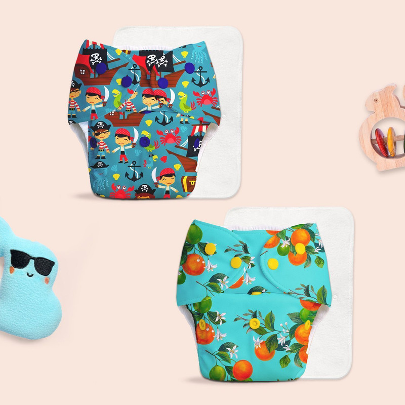 Superbottoms Pack of 2 BASIC 100% Organic Cloth Diapers with 2 UltraThin Dry Pads | 3M-3Y
