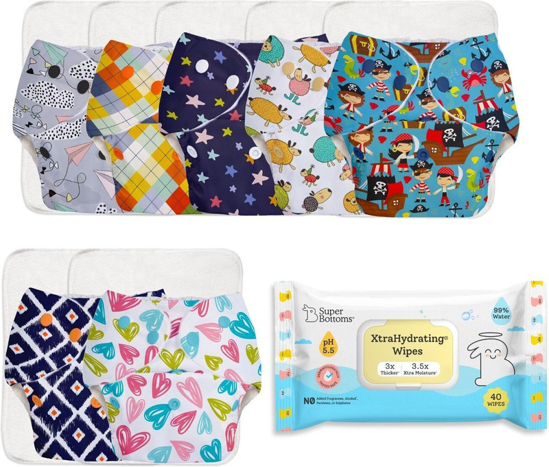 Superbottoms BASIC Pack of 7 Reusable Washable & Adjustable Cloth Diapers & pack of 1 wipes (40pcs)