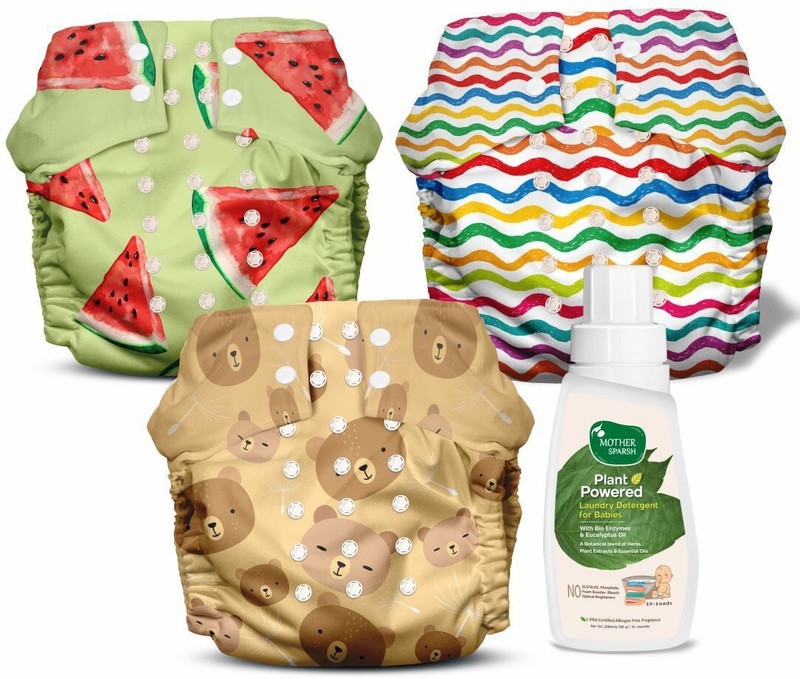 Mother Sparsh Nappers Pack of 3 Cloth Diaper+Soaker Pads With Baby Detergent 200ml-(MM+TT+RR)