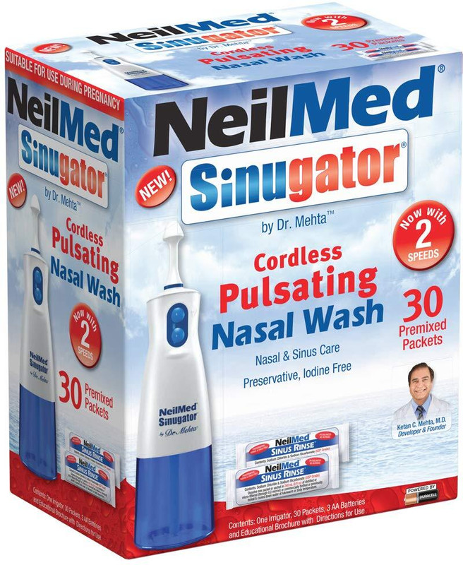 neilmed Sinugator Cordless Pulsating Nasal Wash with 30 Premixed Packets Manual Nasal Aspirator(White)