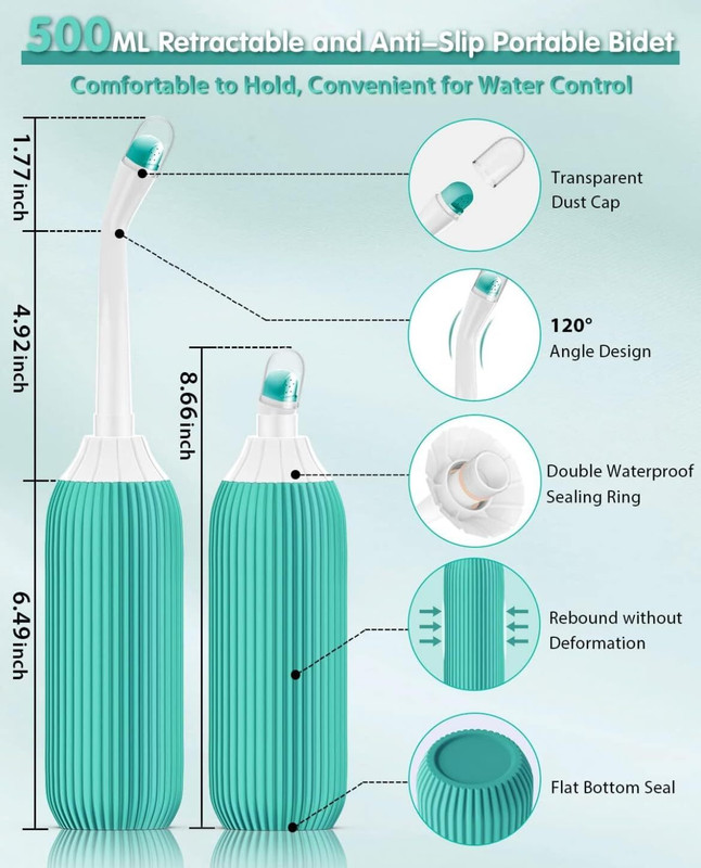 AXU TRADERS 500ml Portable Retractable Travel Bidet with Bag/2 Nozzles for Toilet Handheld Manual Nasal Aspirator(Multicolor)