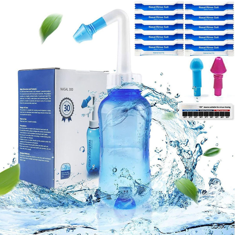 SERPLEX Neti Pot Sinus Rinse Bottle Nasal Irrigation Cleaner 300ML with 10 Salt Packets Manual Nasal Aspirator(Transparent)