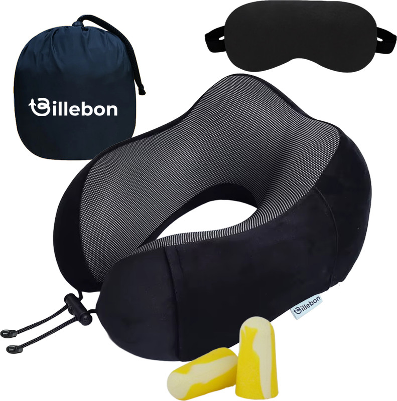 Billebon Premium Memory Foam Travel Neck Pillow Combo with Carry Bag, Ear Plugs, Neck Pillow & Eye Shade(Black)