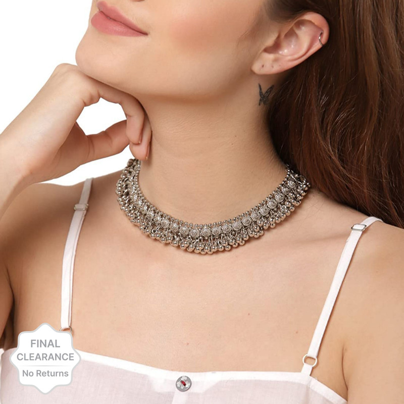 Lathar Trendy Premium Quality German Necklace Beautiful For Girls Beads Silver Plated Alloy Choker