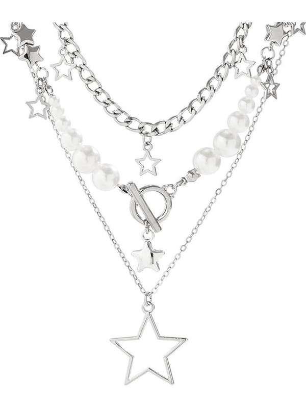 SERPLEX Star Necklace Y2K Style Dainty Star Pendant Necklace for Women Girls Layered Pearl Silver Plated Alloy Layered