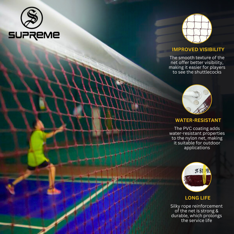 Supreme Badminton Net Silky-P.P (4 Side Tape) Tournament Qlty. (Pack Of 1) Badminton Net(Maroon, White)