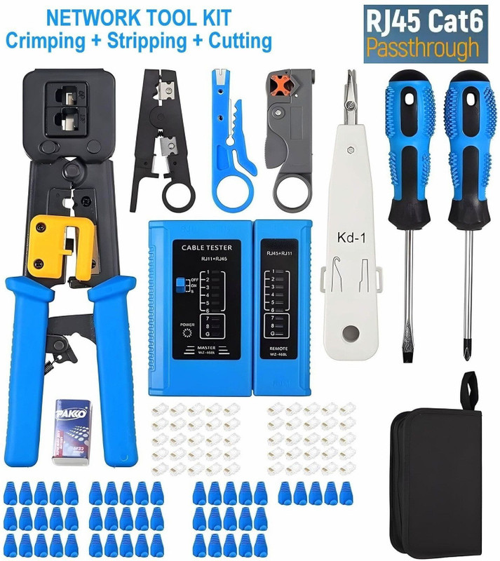 BALRAMA 130pc Combo RJ45 Pass Through Crimping Tool Kit Cable Tester Cutter Punch Tool Network Interface Card(Cat5 Cat5e Cat6 Connector Covers Network Wire KD1 Punch Down Pliers Screwdriver)