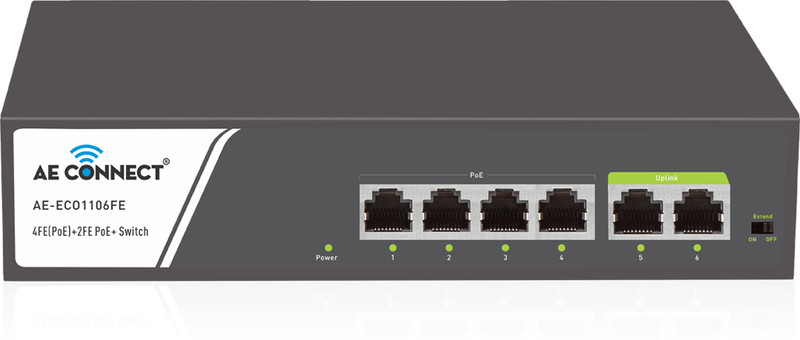 AeConnect AE-ECO1106FE 6 Port PoE Switch (4 PoE+ + 2 Uplink, 65W) 6 Ports 100 Mbps Unmanaged Network Switch(Black)