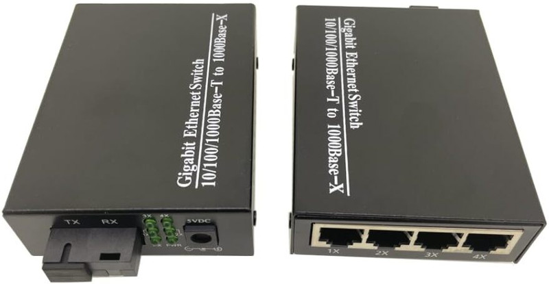 HANUTECH 1G4E Media Converter 4 RJ45 Ports Single Mode 1000M 20KM 1 Ports 1000 Mbps Unmanaged Network Switch(Black)