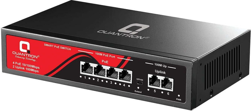 Quantron QPOE -04, 4 Port 10 / 100MBPS POE Switch | Poe Desktop Switch with 2uplink Port 6 Ports 100 Mbps Smart Network Switch(BLACK AND RED)