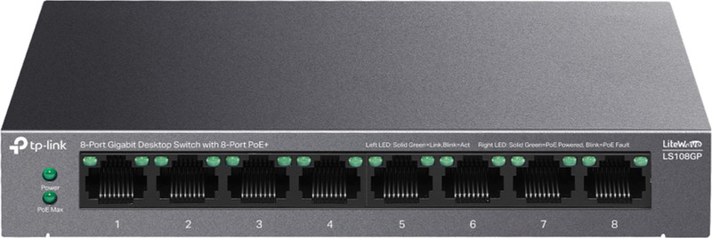 TP-Link LS108GP Gigabit Desktop Hub PoE+ up to 16 Gbps switching capacity 8 Ports 1000 Mbps Unmanaged Network Switch(Grey)