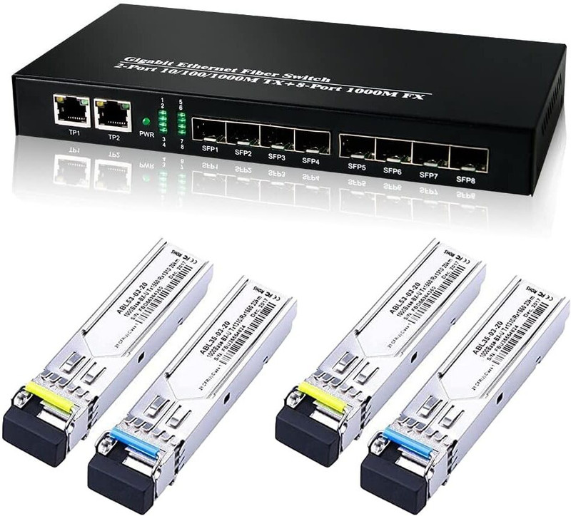RAMEX 10 Ports Gigabit Fiber Switch, 2 Port RJ45 10/100/1000M-Tx + 8 Port 1000M 10 Ports 100 Mbps Unmanaged Network Switch(Black)