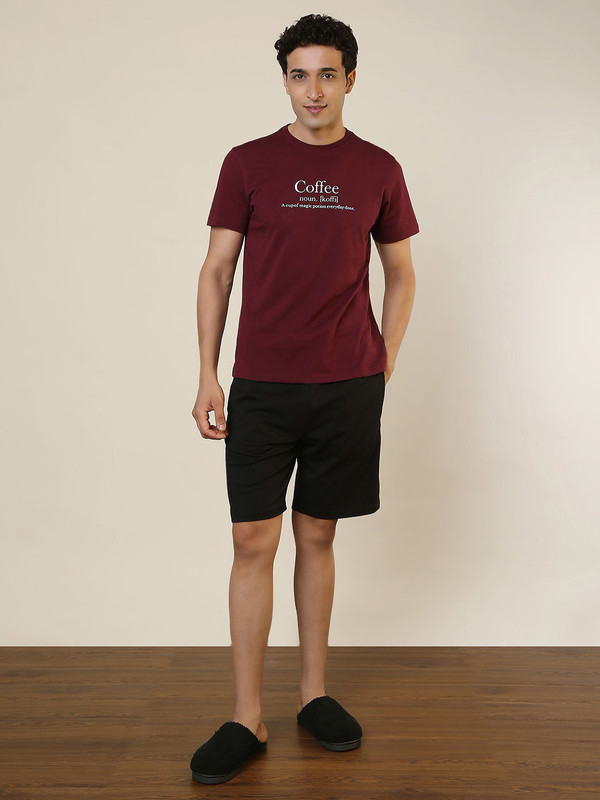 SLEEPZ BY RAYMOND Men Printed Maroon, Black Night Suit Set