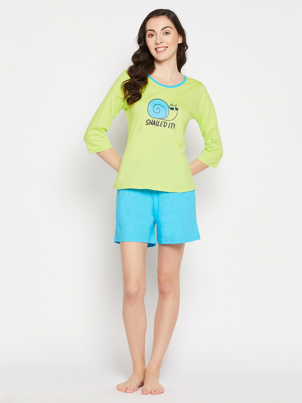 Clovia Women Geometric Print Green Top & Shorts Set