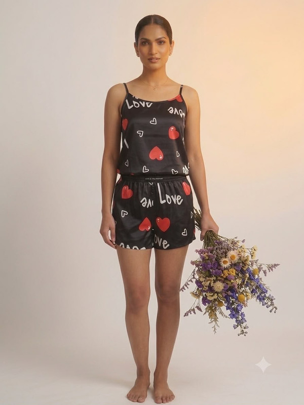 tfv Women Printed Black Night Suit Set