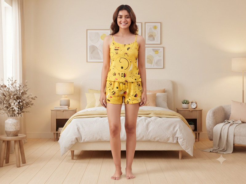 tfv Women Printed Yellow Top & Shorts Set