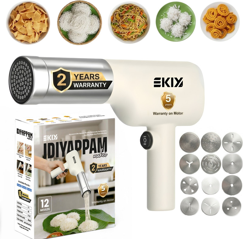 EKIY Electric Idiyappam/Noolappam/Muruke/Pakkavada/Noodles Maker 12 in 1 | 1500mAh Spaghetti and Pasta Maker