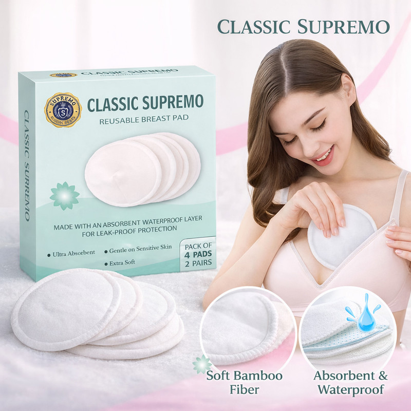 CLASSIC SUPREMO Reusable Nursing Pads, Ultra-Soft, Absorbent & Leak-Proof, Contoured Comfort Fit Nursing Breast Pad(Pack of 4)