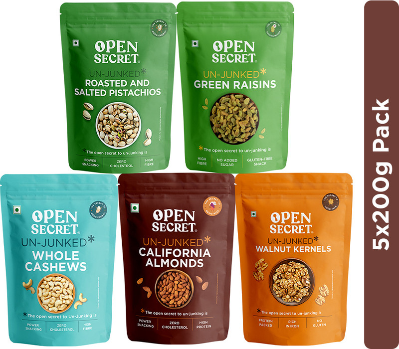 OPEN SECRET Dry Fruit Combo Badam Almonds Cashews Akhrot Walnuts Pista Kishmish Raisins Assorted Nuts(5 x 200 g)